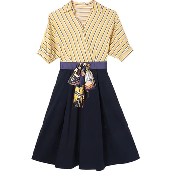 

2019 New Fashion Yellow Striped Slim Fit women Summer Dress girl