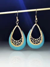 

Turkish Blue Enamel Dangle Earrings Retro Gold Color Hollow Carved Water Drop Personality Exaggerated Earrings