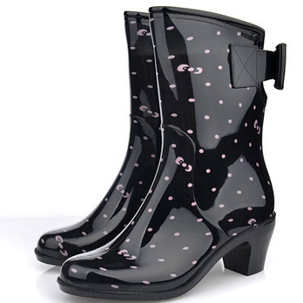 Cena Kobiet Rainboots moda łuk mieszkania na niskim obcasie środkowa rura deszcz buty wodoodporne wody buty Botas Feminino Para Inverno De 2019
