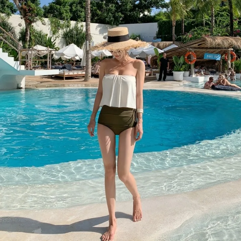 

New Style Sexy Small Bust Gathering Conservative Slimming Tube Top Split Type Swimsuit Women's High-waisted Belly Covering Hot S