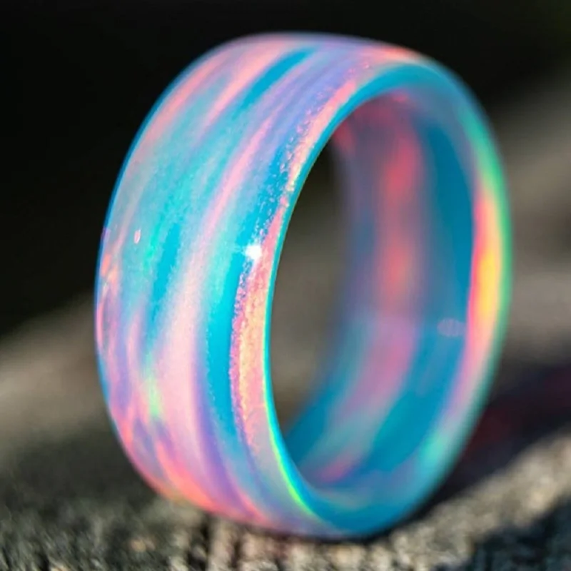 Creatived 5 Colors Rainbow Opal Ring Band Carbon Fiber Lining Iridescent Color Changing Rings