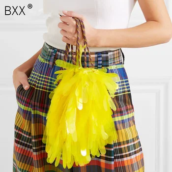 

[BXX] 2020 New Woman Personality Summer Bright Yellow Color PVC Feather Paillette Tide Single Rope Handbag Shoulder Bag LM732