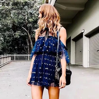 

[IN STOCK] Summer Jumpsuit New Women's Playsuits Blue Stand Collar Lace Mesh Embroidered Petals Strapless Pink Ruffles Overall