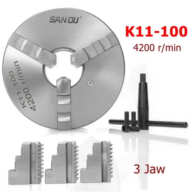 

K11-100 3-Jaw 100mm 4inch 4200 r/min Hardened Steel Lathe Chuck Self-Centering Safety Key Outside Inside Jaws Mounting Bolts