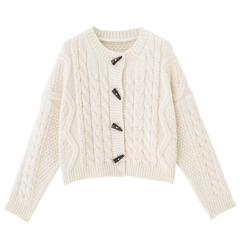 

Fashion Autumn And Winter Sweater Coat Women's Short Horn Buckle Loose Spring And Autumn Retro Twist Knit Cardigan Top