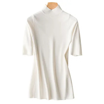 

Septass White Women Stand Collar Half Sleeve Wool Sweater Stretch Fall Spring Casual Knitted Basic Turtleneck Pullover Tops