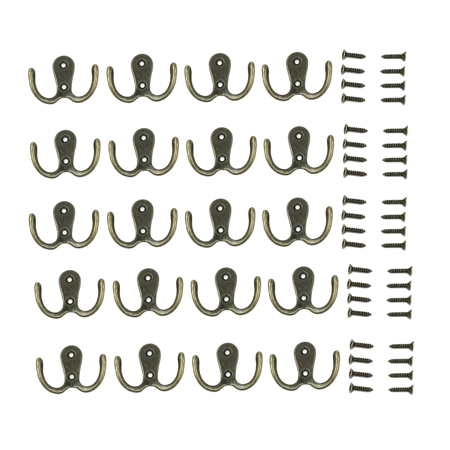 

20 Pieces Double Prong Robe Hook Rustic Hooks Retro Cloth Hanger with 40 Pieces Screws, Bronze Color
