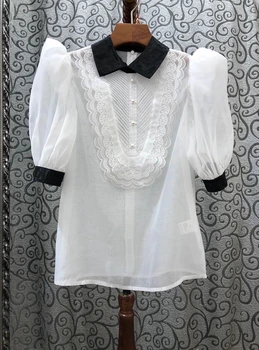 

2020 Spring and Summer New Women's Leadership Mouth Color Matching Trim Lapel Lace Stitching Short-Sleeved Top 619