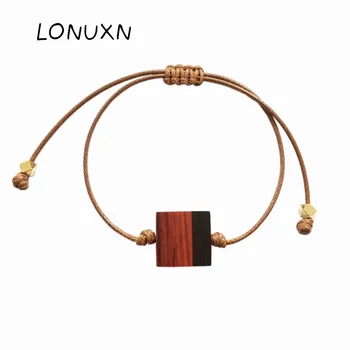 

Natural Ebony Wooden Creative Vintage Braided Bracelet Wood Rope Chain Geometric Square Bracelets for Men Women Jewelry Gifts