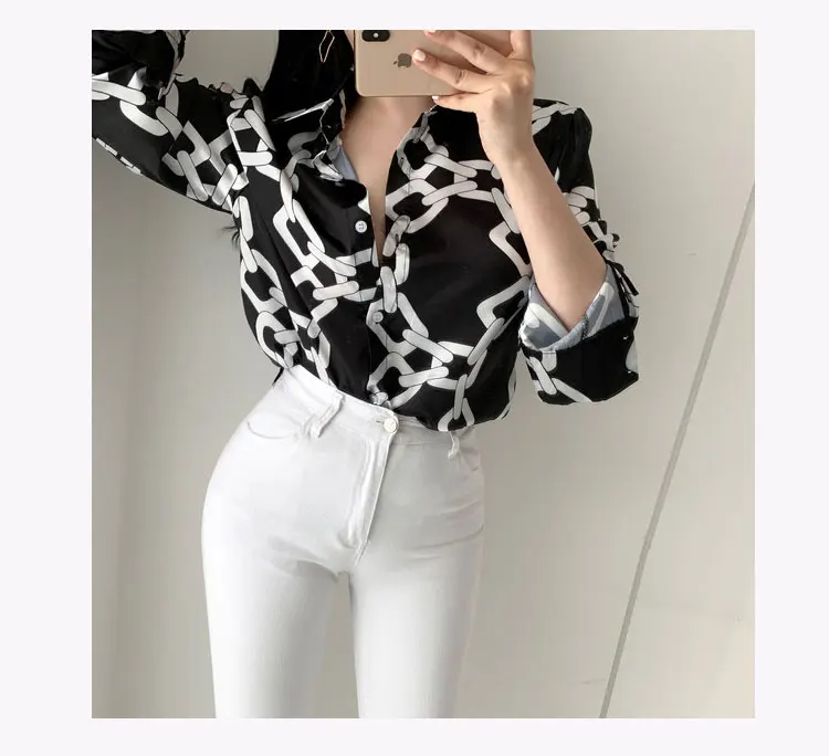 Женские топы, ограниченное по времени предложение, Vadim из ацетата с принтом, Blusas Mujer De Moda,, винтажная тонкая женская рубашка с принтом в виде цепочки, с отворотами на рукавах