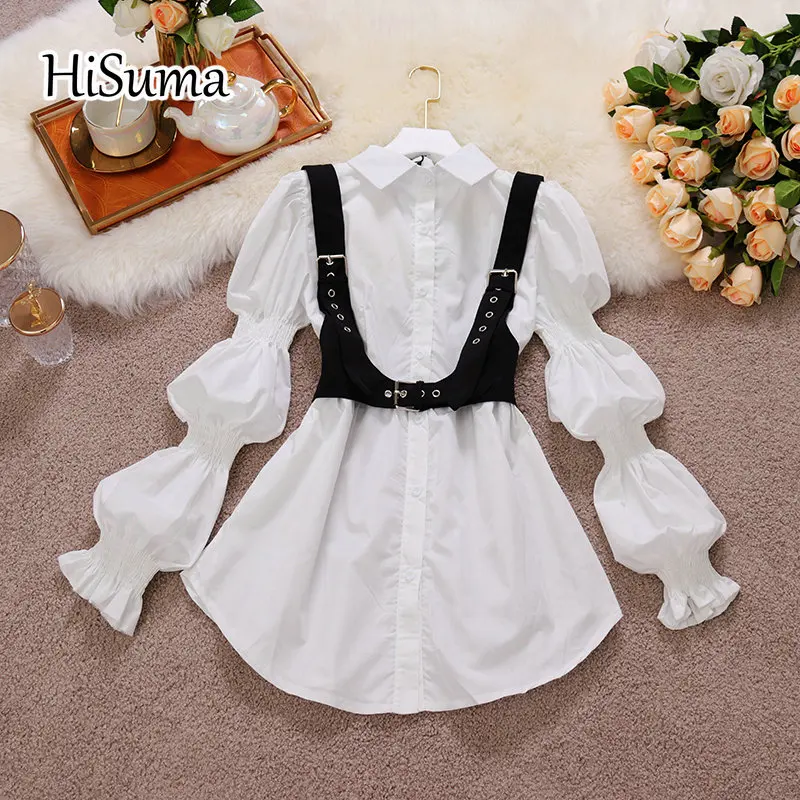 

2021 spring new women stand collar single breasted puff sleeve cotton shirts with black vest female chic two piece set