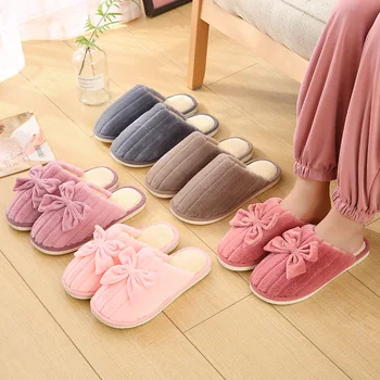 

2020 New Winter Women Bowknot Indoor Slipper Keep Warm Non-slip House Floor Living Room Unisex Slipper Shoe