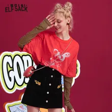ELFSACK, черные клетчатые Лоскутные женские футболки с принтом крысы, зимние корейские замшевые женские топы с короткими рукавами