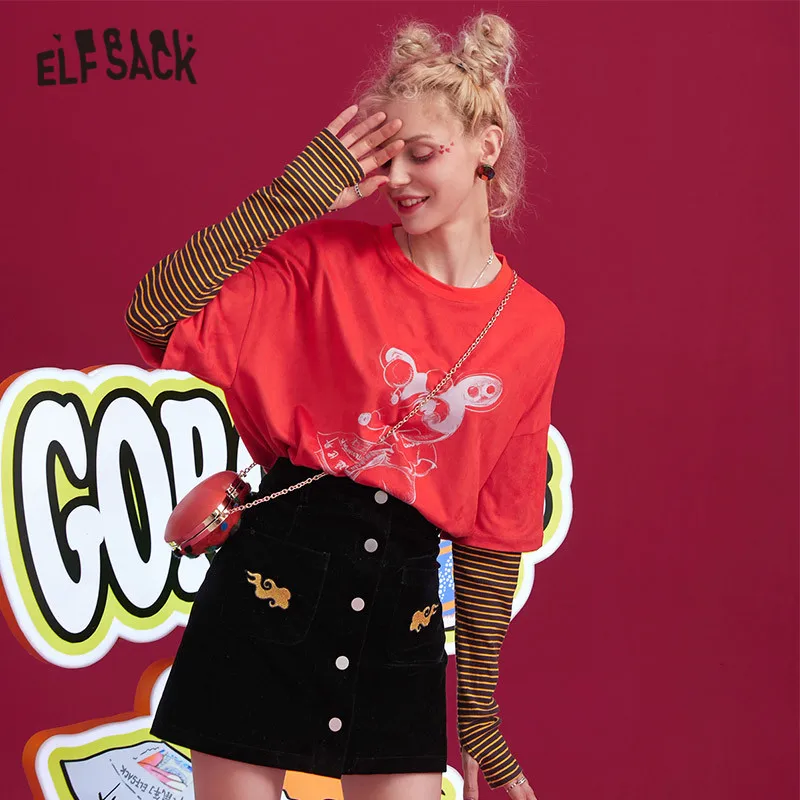 ELFSACK черные клетчатые Лоскутные женские футболки с принтом крысы 2019 зимние