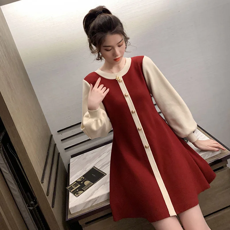 Z 2020 Autumn and Winter New Style Dress Elegant Lantern Sleeve Dress Sweet Sweater Dress