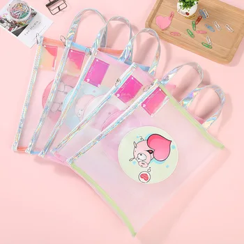 

Korean Laser Screen Piglet Transparent Zipper Paper Bag Student Hand-held Paper Bag Information Bag Mesh Document Bag Escolar