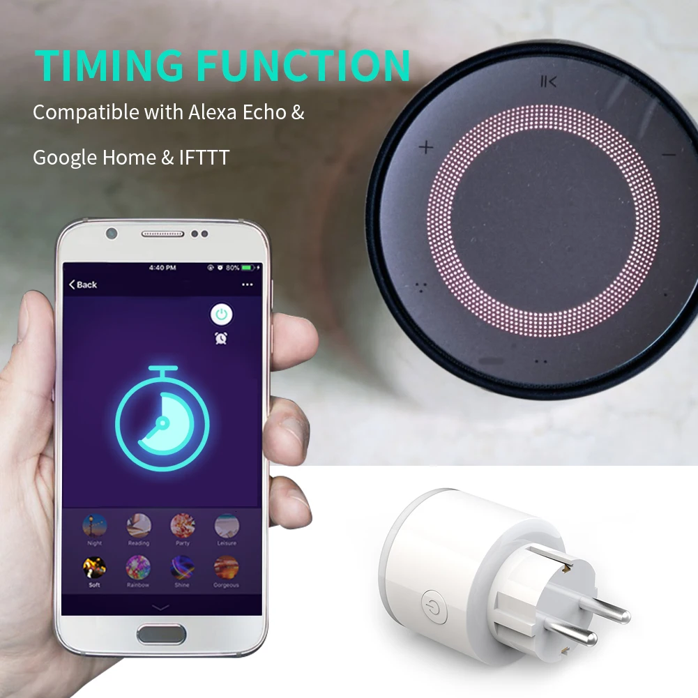 16A RGB Wifi Smart Plug With Power Monitor Wifi Wireless Smart Socket Outlet With Google Home Alexa Voice Control Night Light