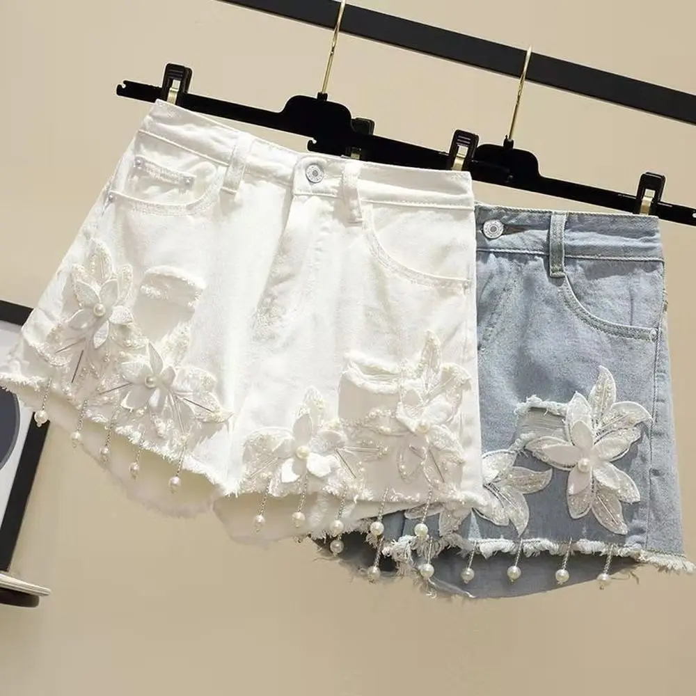 

Korean Summer Fashion Blue White High Waist White Leg Jeans Beads 3D Flower Applique Denim Shorts 5xl Plus Size for Women