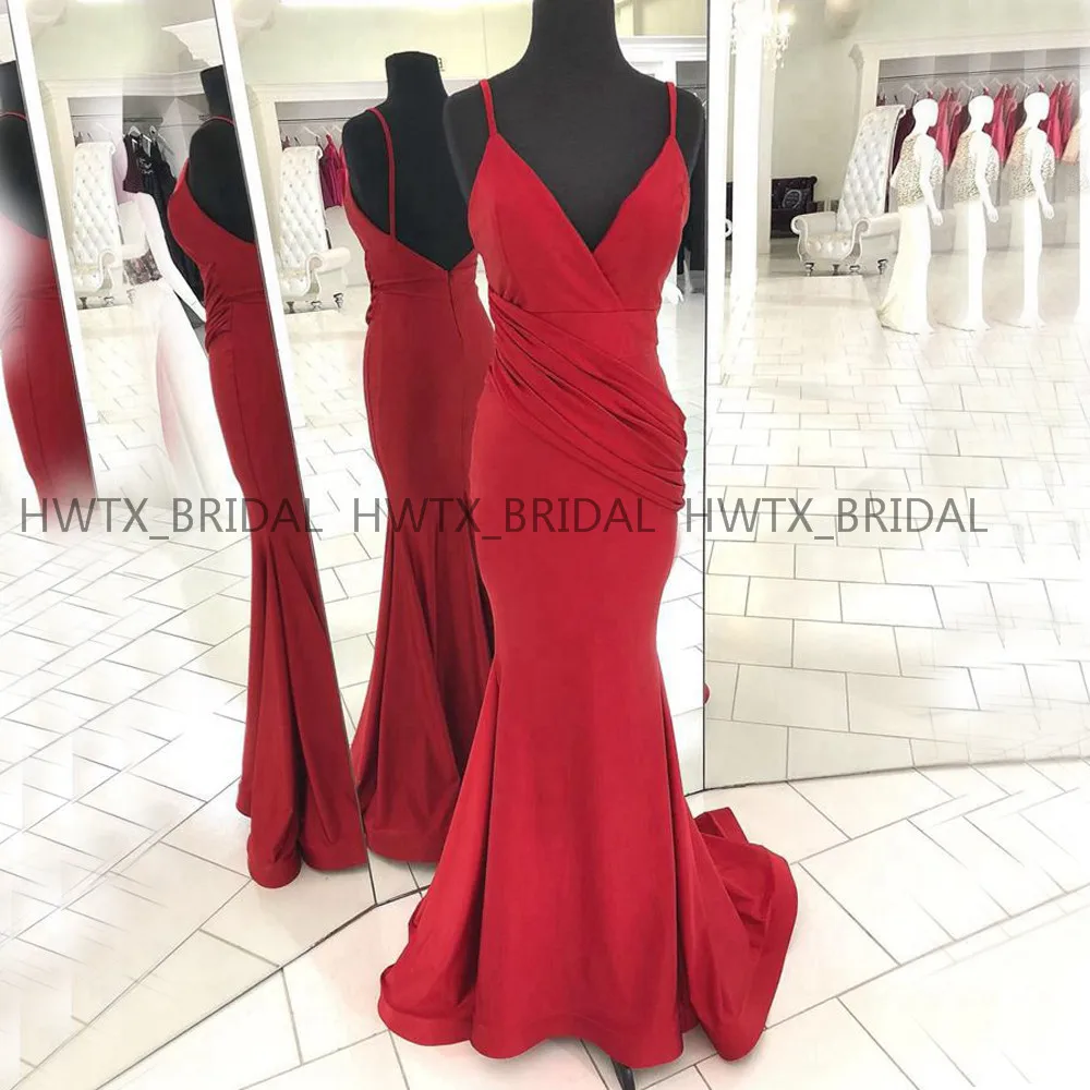 

Sexy Mermaid Long Evening Dress 2020 Spaghetti Straps V Neck Backless Red Satin Floor Length Formal Evening Gown Robe de soiree