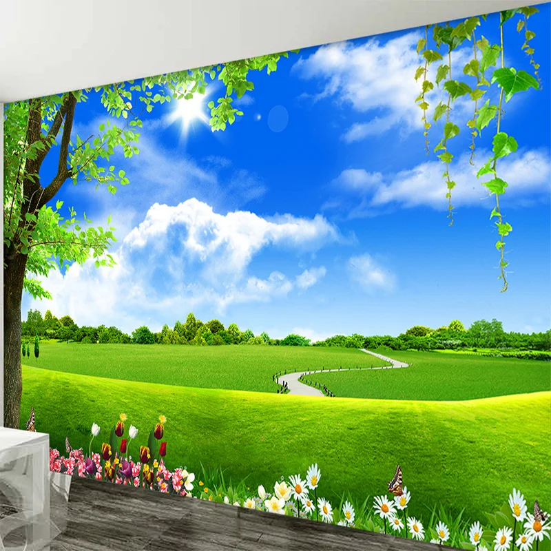 

Drop Shipping Custom 3D Mural Wallpaper Blue Sky White Cloud Tree Scenery Background Non-Woven Straw Wallpaper Decor Mural