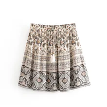 Q846 último diseño mujer estampado Vintage Boho Mini Falda de mujer Bohemia Bowknot flecos Deco playa faldas Saias Falda ropa