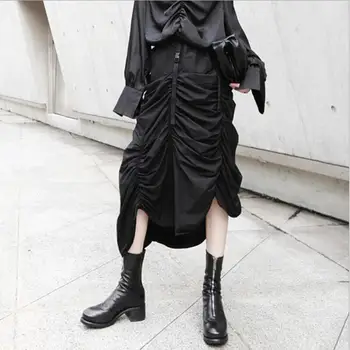 

2020 New Spring Summer New Fashion Women Pleated Irregular Hem Skirt Casual Personality Adjustable Buckle Wrinkle Skirt Big Size