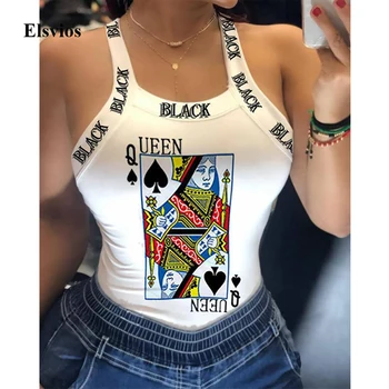 

Summer Poker Spades Q Print Slim T Shirt Sexy O Neck Sleeveless Women Tops Tshirt Elegant Back Bowknot Straps Vest Tee Shirt XXL