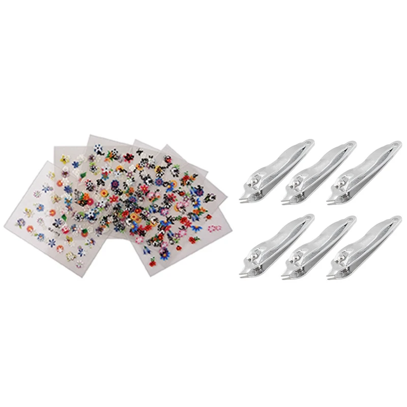 6 Pcs Slanted Tip Metal Pedicure Nail Clipper Cutter &amp 10 Sheets 3D Art Flowers Stickers Heart Star Tattoos | Красота и здоровье