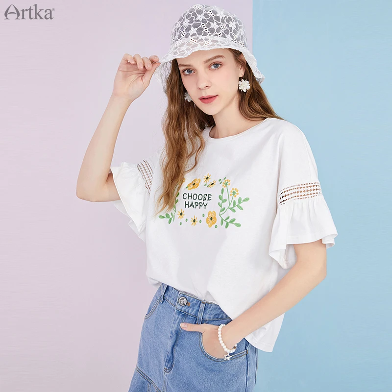 Женская футболка с круглым вырезом ARTKA свободная из чистого хлопка цветочной