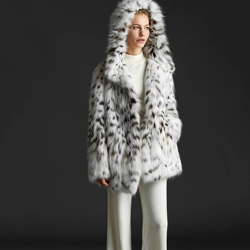 Ftangaiur Зима США импорт чистого белого рыси кошка Bobcats Рысь натуральный мех пальто женские средние настоящие рыси шубы