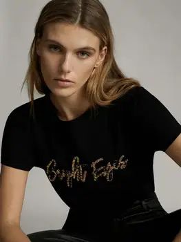 

2020 Spring Summer Hand Embroidered Beading Letter Round O Neck Black Women's T-shirt DUTTI M4