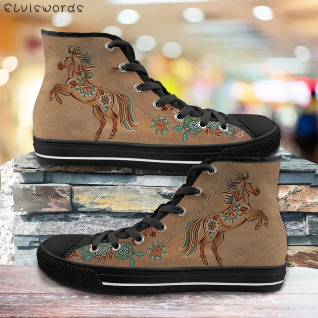 ELVISWORDS 3D Painting Horse Black High Top Women Casual Canvas Shoes Womens Vulcanize Flats Shoes Spring Woman Girls Sneakers Pink