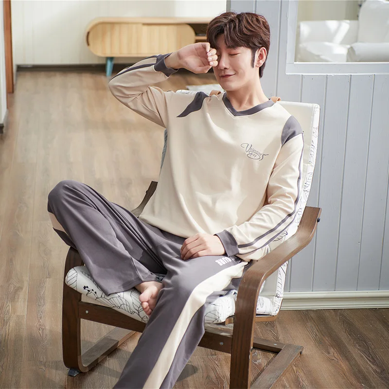 2020 Spring Long Sleeve Cotton Pajamas Set Men's Casual Comfortable Home Wear Can Wear Medium Thick 2020 Spring Long Sleeve Cotton Pajamas Set Men's Casual Comfortable Home Wear Can Wear Medium Thick