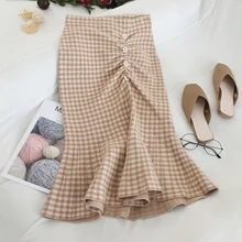 Женская юбка русалки, высокая талия, длинная юбка, Осень-зима, новинка, Ретро стиль, клетчатая, облегающая бедра, на пуговицах, плиссированные, вязаные юбки ML318