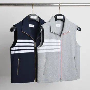 

2020 Fashion TB THOM Brand Spring Autumn Vest Striped Cotton Casual Jacket Men Slim Turn Down Collar Coat Sleeveless