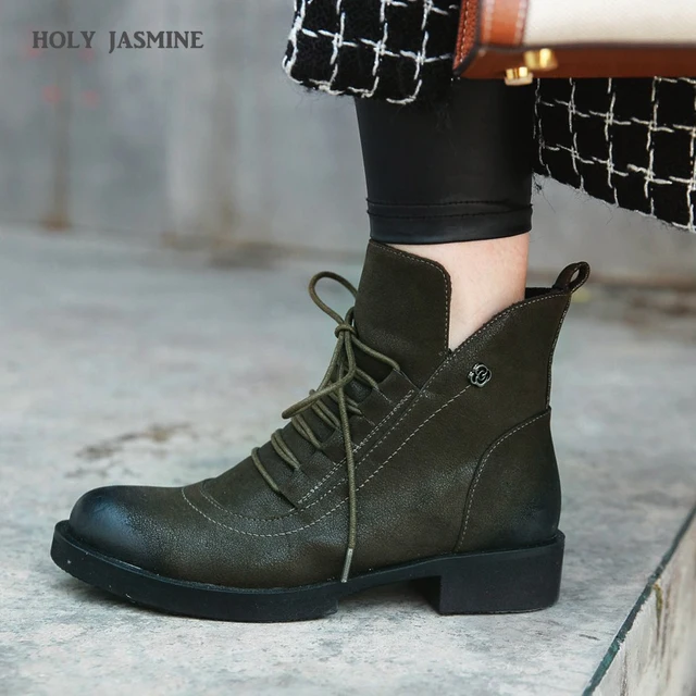 $US $37.49 HOT Cow Suede Lace-Up  Boots Winter Round Toe Retro Ankle Boots for Women Low (1cm-3cm) Women Shoes Rubber Flat with Work Shoes