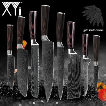 

Japanese Kitchen Knife Set Gift Knife Covers Boning Bread Eviscerate Sliced Fruit Sharp Utility Santoku Damascus Pattern Cooking