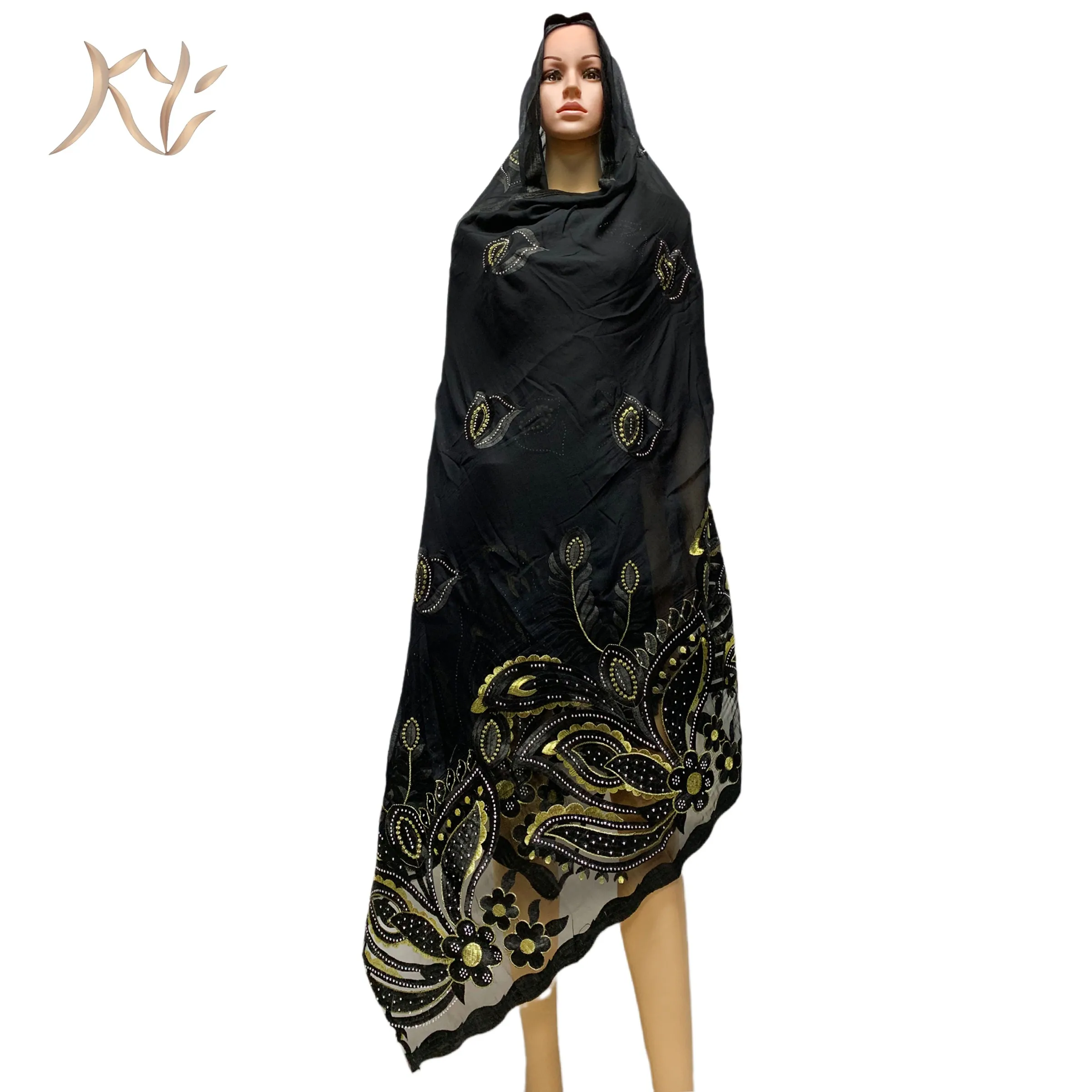 Hot Sale Muslim  African Women Dubai Scarf Big Size Embroidery Cotton splicing with Net Women Hijab Scarf  Sc-61
