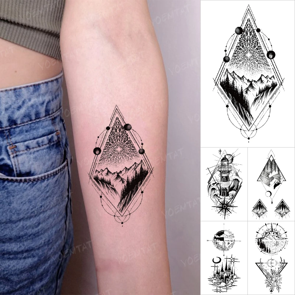 Waterproof Temporary Tattoo Stickers Mountain Forest Geometric Landscape Illustration Tatto Arm Body Art Small Tattoos Men Women Temporary Tattoos Aliexpress