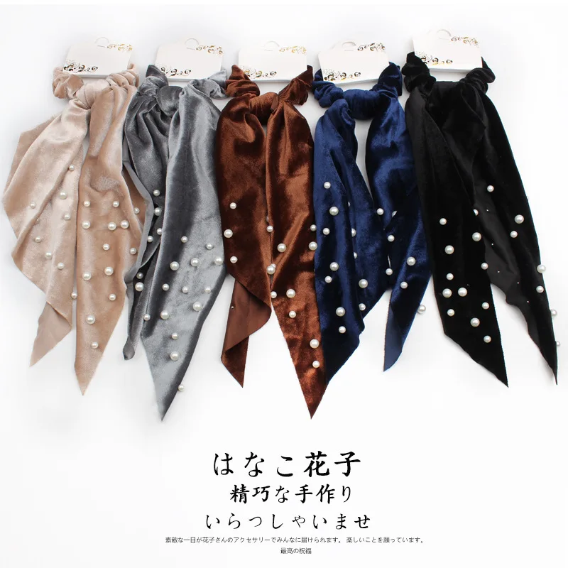 Elegant Velvet Ribbon Scrunchies Pearl Hair Ring Woman Hair Accessories Streamer Hair Ring Ladies Hair Ties Girls Rubber Band