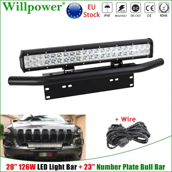 

23" Bumper Number Plate Frame Bull Bar + 20inch 126W LED Light Bar For Jeep 4x4 Offroad SUV Truck 4WD Pickup Driving Fog Lamp
