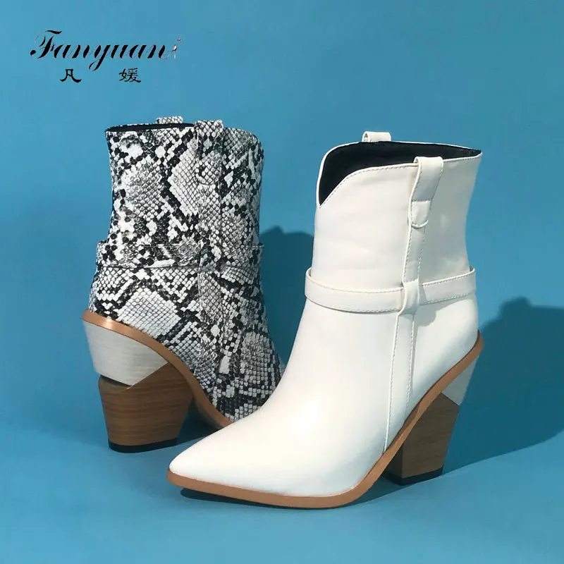 

fanyuan Faux Leather Cowboy Boots for Women Ankle Boots Wedges Heel Snake Print Boots Autumn Winter Western Boots White Brown