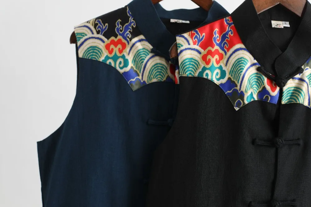 LZJN 2019 Men's Summer Waistcoat Chinese Style Print Patchwork Linen Button Down Kung Fu Shirt Sleeveless Vest Jacket (24)