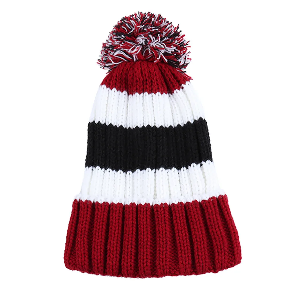 Детские вязаные шапки унисекс; повседневные полосатые простые головные уборы с помпонами; уличная одежда; зимние шапки-бини; пуловеры; шапки для мальчиков и девочек;# D