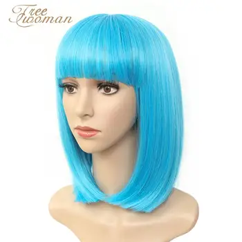 

FREEWOMAN Fresh Blue Synthetic Bob Wigs For Women Short Bob Wig With Bangs Fake Hair Purple Black Wig Heat Resistant Halloween
