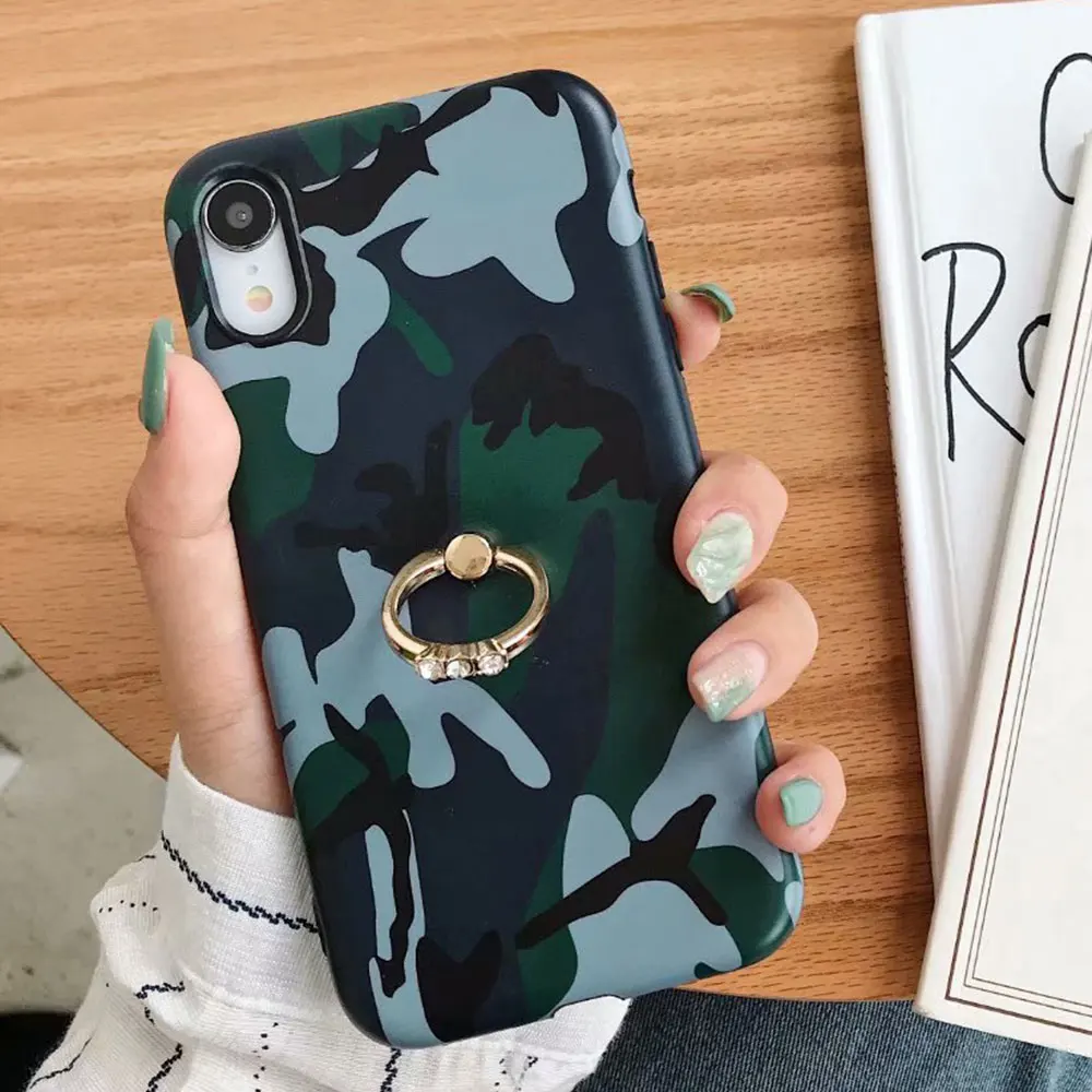 KISSCASE Мягкий ТПУ армейский зеленый камуфляж Bling Diamond Finger чехол-подставка с кольцом
