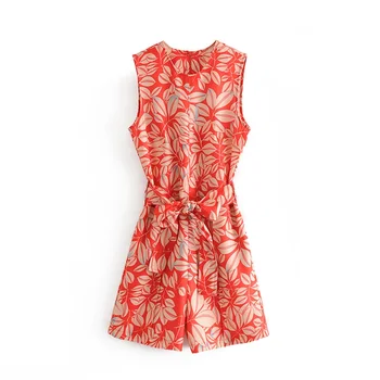 

2020 summer women's new retro temperament elegant wide leg jumpsuit shorts flower print belt tie round neck sleeveless jumpsuit
