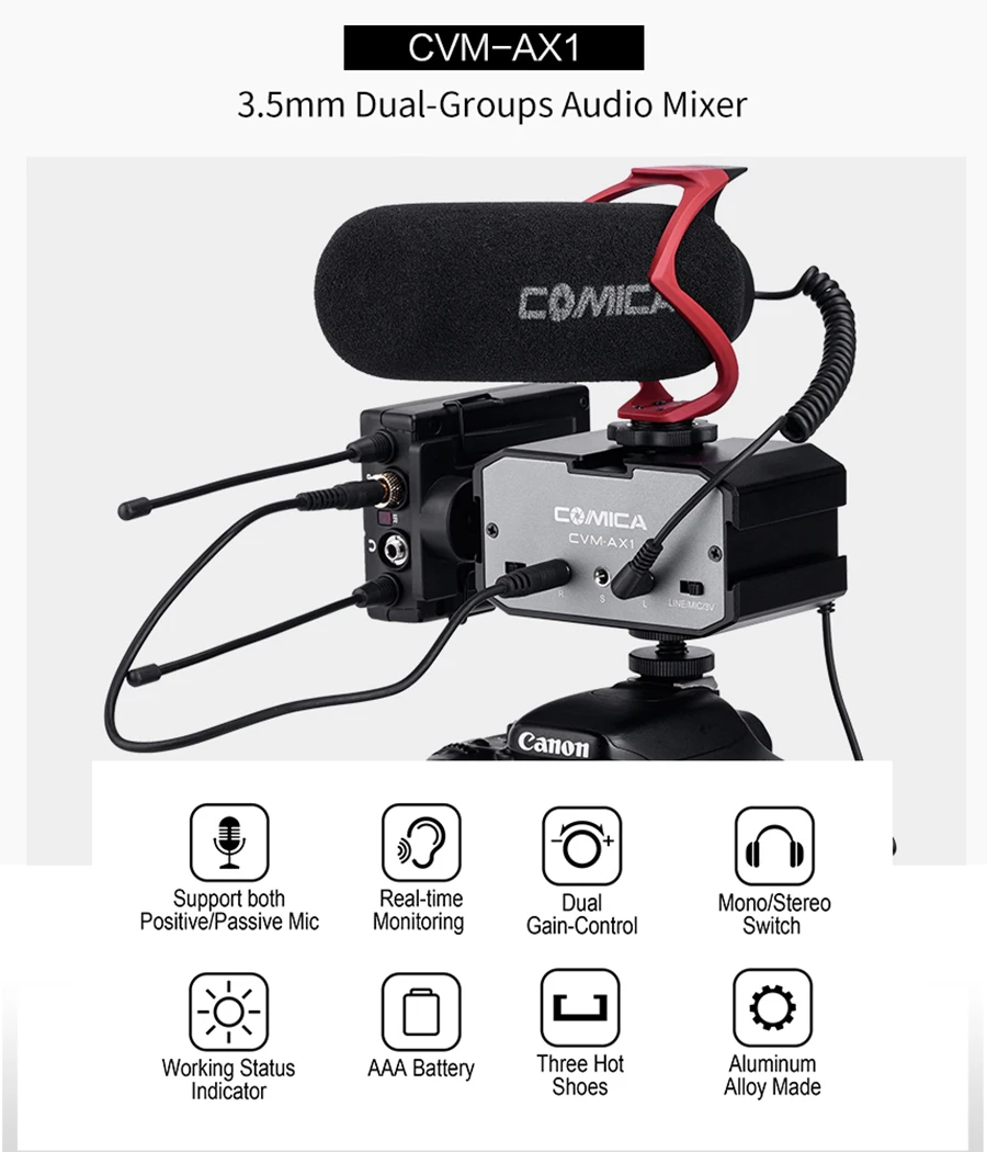 COMICA CVM-AX1 3,5 мм Универсальный dula каналы микрофон усилитель аудио адаптер смесителя для Canon EOS T6i Nikon D3300 DSLR камеры