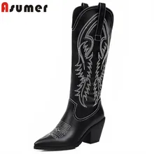 ASUMER/; сапоги до колена; женские ковбойские сапоги с острым носком и вышивкой; сезон осень-зима; женская повседневная обувь на высоком каблуке; большой размер 47