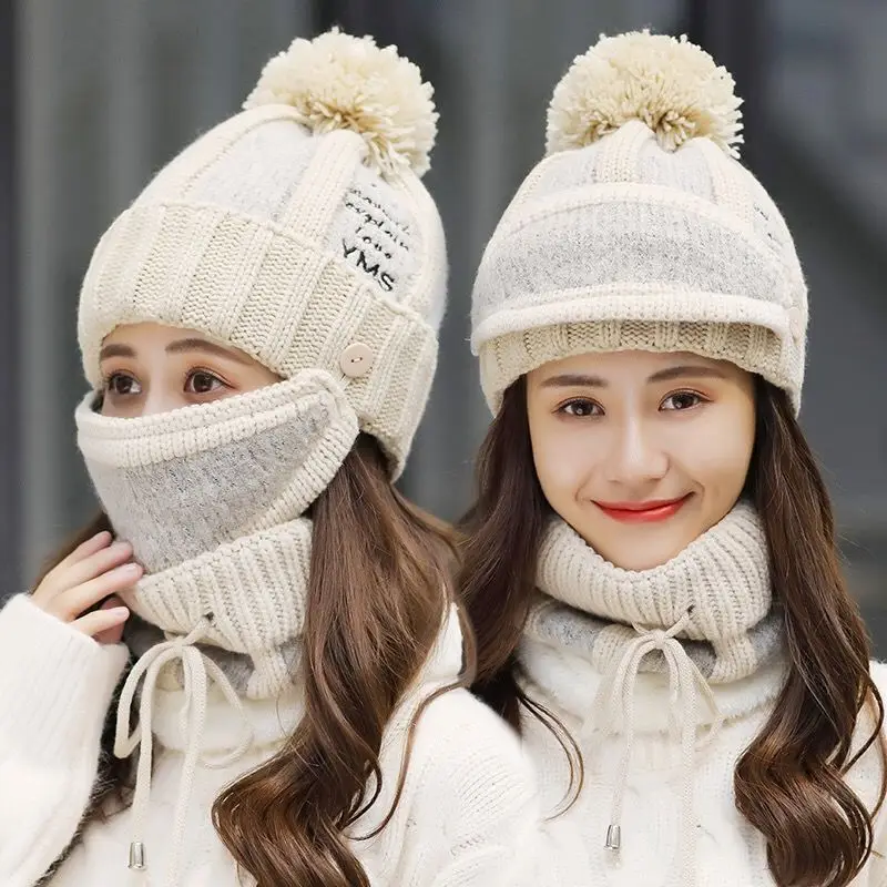 Наборы из 3 головных уборов, женские зимние вязаные шапочки, шапка с нагрудником и маской, женская шапка с защитой ушей, теплая бархатная Толстая шерстяная шапка для верховой езды